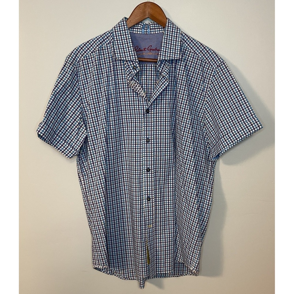 Robert Graham Shirt Men XL Blue Check‎ Button Up Short Sleeve